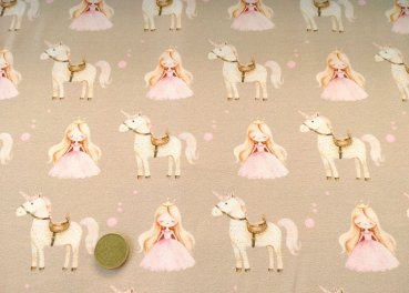 Belle hellbraun Baumwoll-Jersey mit Princessin und Einhorn, ein Mädchenstoff von Hilco